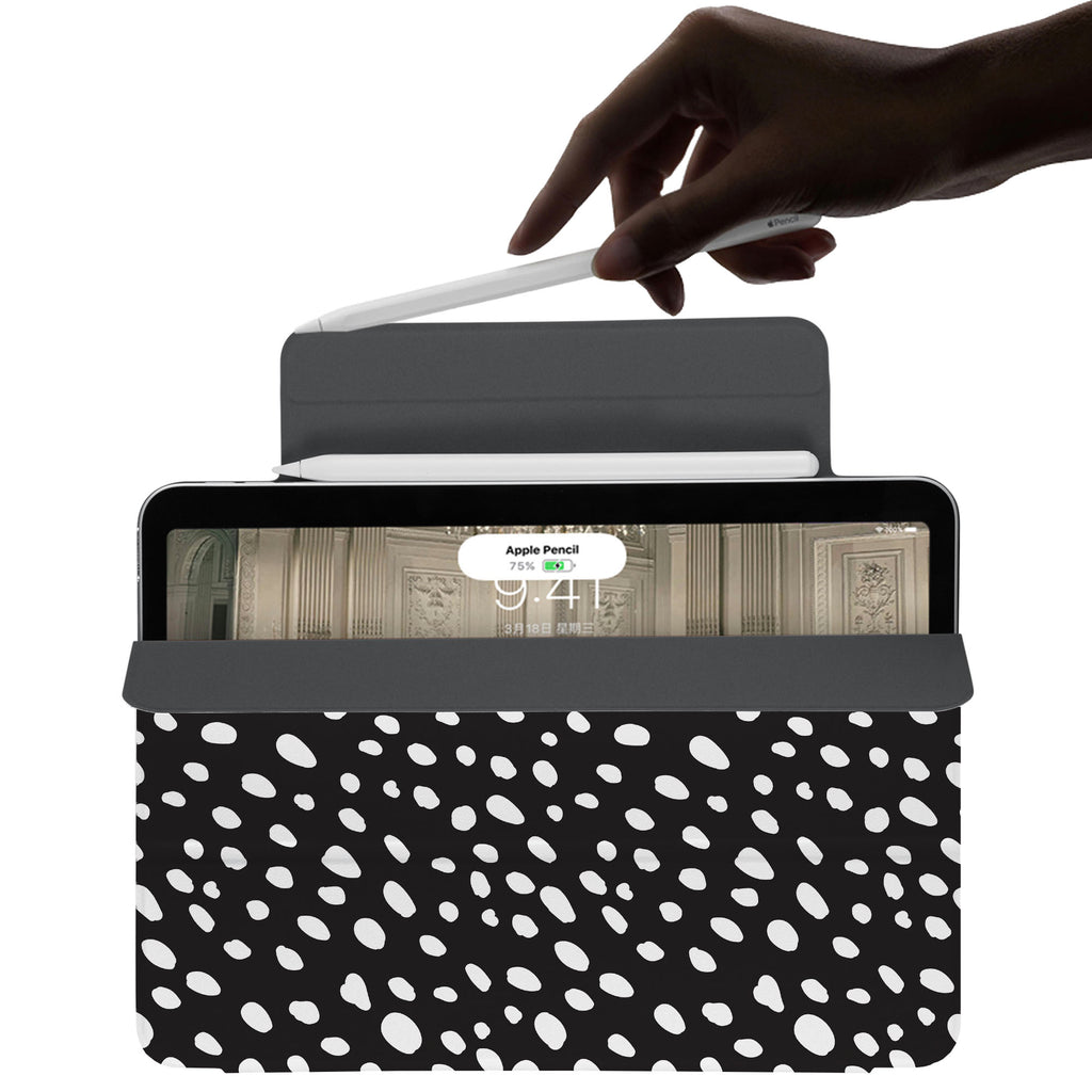 the VistaCase Personalized iPad Slim Fit Case with Polka Dot design,  The case includes built-in storage and a cutout for easy magnetic attachment of your Pencil, ensuring it's always within reach.
