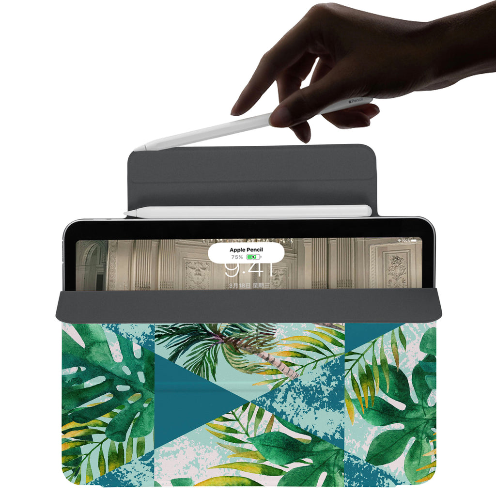 the VistaCase Personalized iPad Slim Fit Case with Tropical Leaves design,  The case includes built-in storage and a cutout for easy magnetic attachment of your Pencil, ensuring it's always within reach.