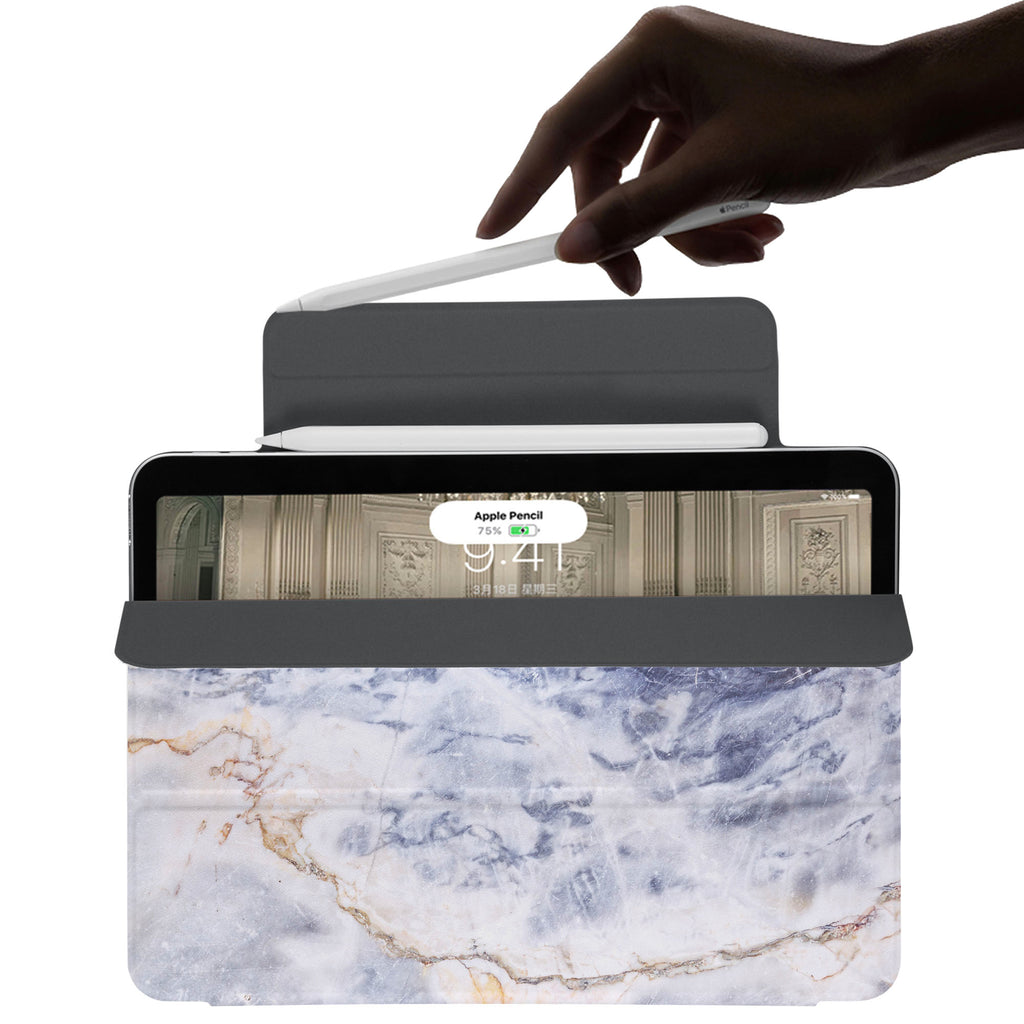 the VistaCase Personalized iPad Slim Fit Case with Marble design,  The case includes built-in storage and a cutout for easy magnetic attachment of your Pencil, ensuring it's always within reach.