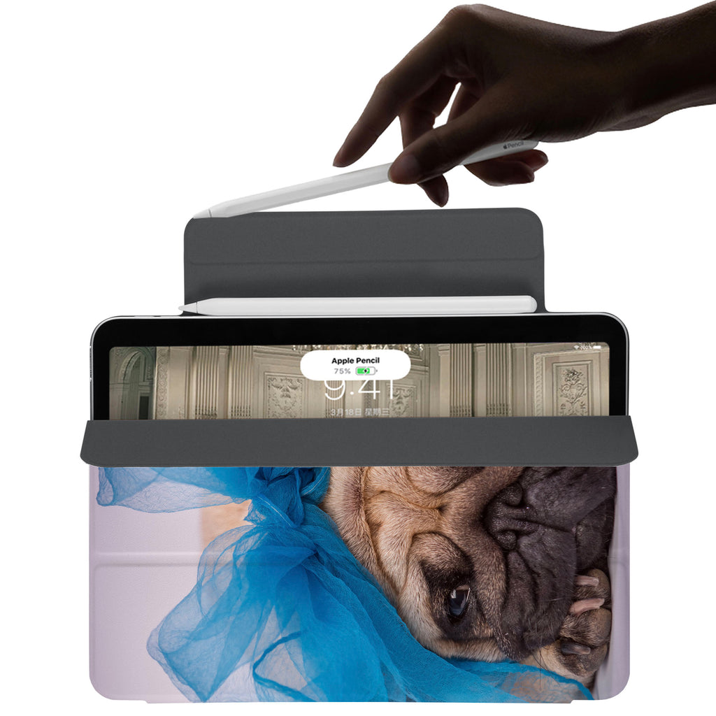 the VistaCase Personalized iPad Slim Fit Case with Dog design,  The case includes built-in storage and a cutout for easy magnetic attachment of your Pencil, ensuring it's always within reach.
