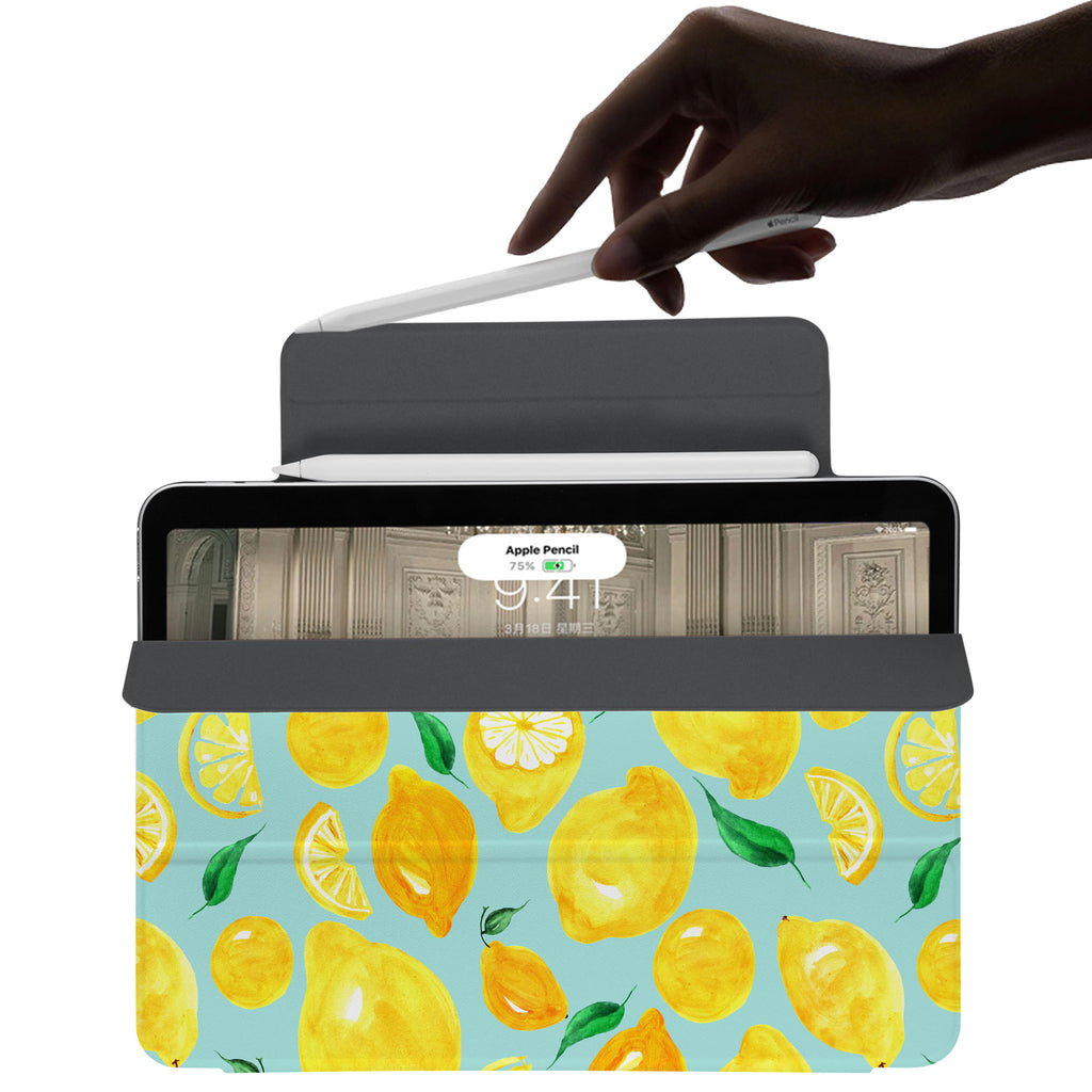 the VistaCase Personalized iPad Slim Fit Case with Fruit design,  The case includes built-in storage and a cutout for easy magnetic attachment of your Pencil, ensuring it's always within reach.
