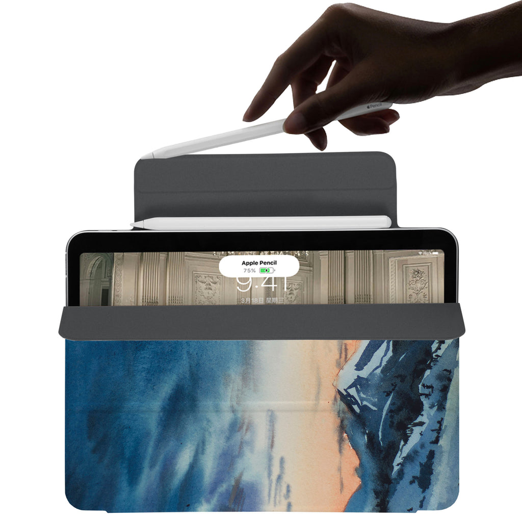 the VistaCase Personalized iPad Slim Fit Case with Landscape design,  The case includes built-in storage and a cutout for easy magnetic attachment of your Pencil, ensuring it's always within reach.