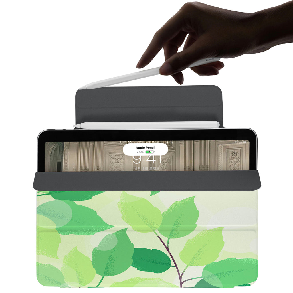 the VistaCase Personalized iPad Slim Fit Case with Leaves design,  The case includes built-in storage and a cutout for easy magnetic attachment of your Pencil, ensuring it's always within reach.