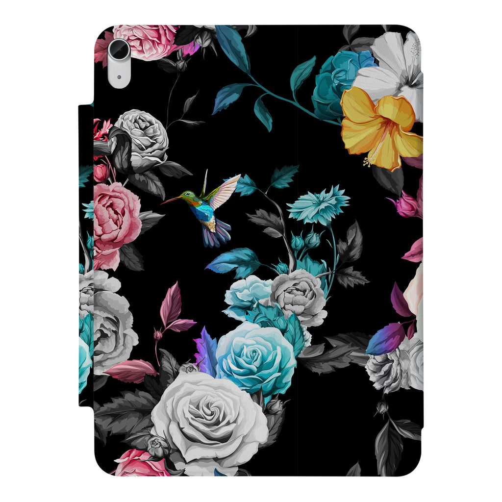 the VistaCase Personalized iPad Slim Fit Case with Black Flower design,  Crafted with a durable fabric exterior and a soft interior lining.