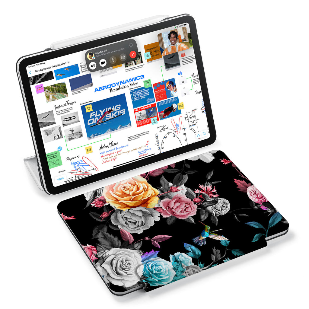 the VistaCase Personalized iPad Slim Fit Case with Black Flower design,  Designed with convenience in mind, the case automatically wakes your iPad when opened and puts it to sleep when closed.