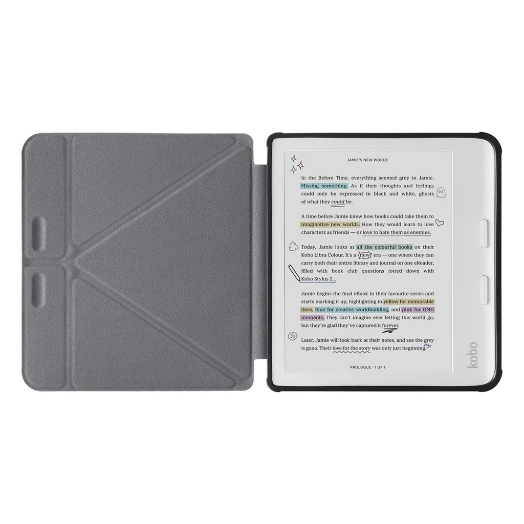 movie and keyboard stand view of personalized KOBO case and Colorful Mountain design