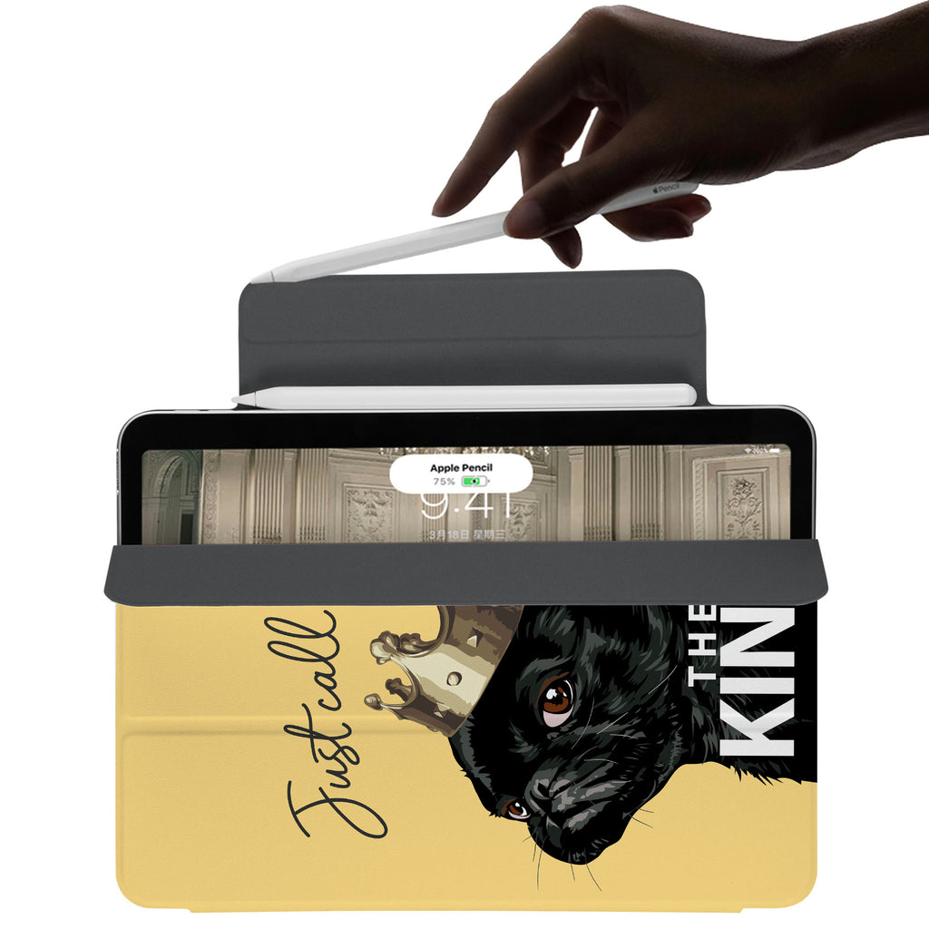 the VistaCase Personalized iPad Slim Fit Case with Dog Fun design,  The case includes built-in storage and a cutout for easy magnetic attachment of your Pencil, ensuring it's always within reach.
