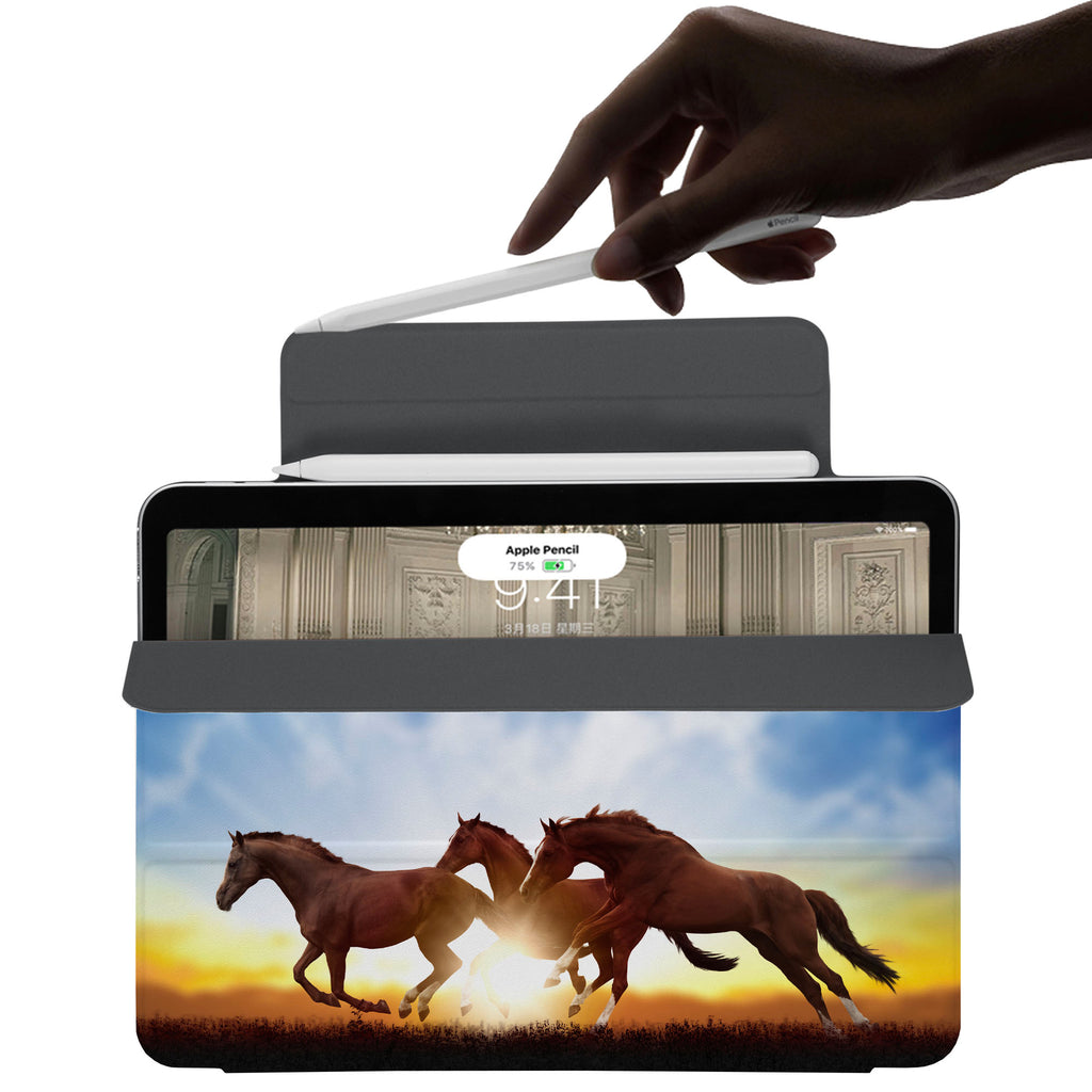 the VistaCase Personalized iPad Slim Fit Case with Horse design,  The case includes built-in storage and a cutout for easy magnetic attachment of your Pencil, ensuring it's always within reach.