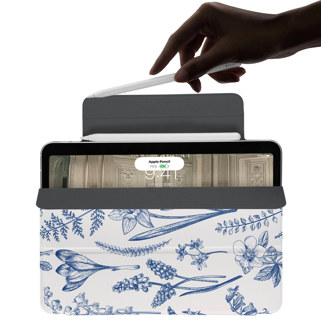 the VistaCase Personalized iPad Slim Fit Case with Flower design,  The case includes built-in storage and a cutout for easy magnetic attachment of your Pencil, ensuring it's always within reach.