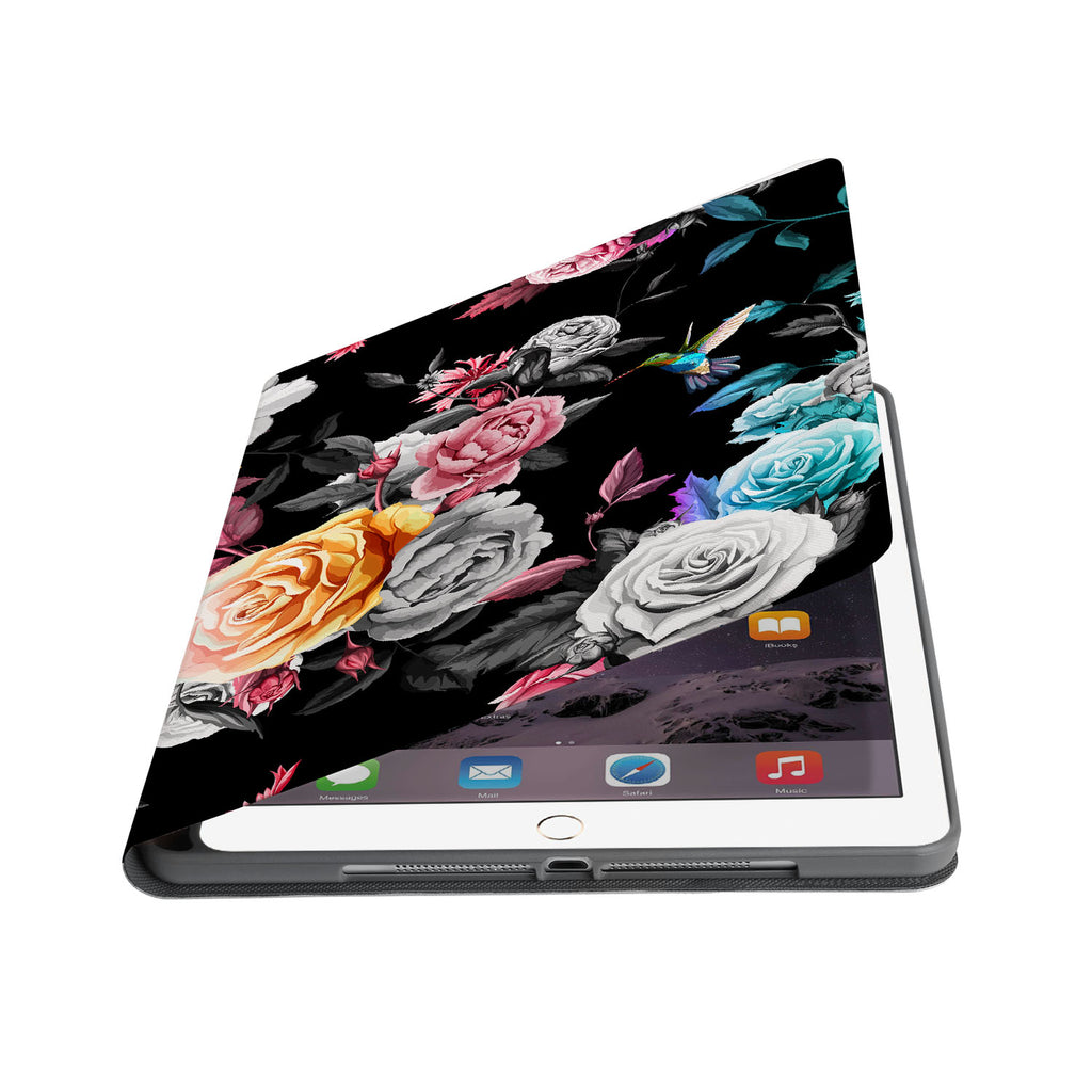 Auto wake and sleep function of the personalized iPad folio case with Black Flower design