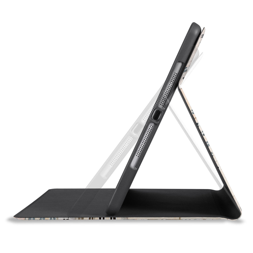 Personalized iPad folio case with Travel design works in multiple viewing modes