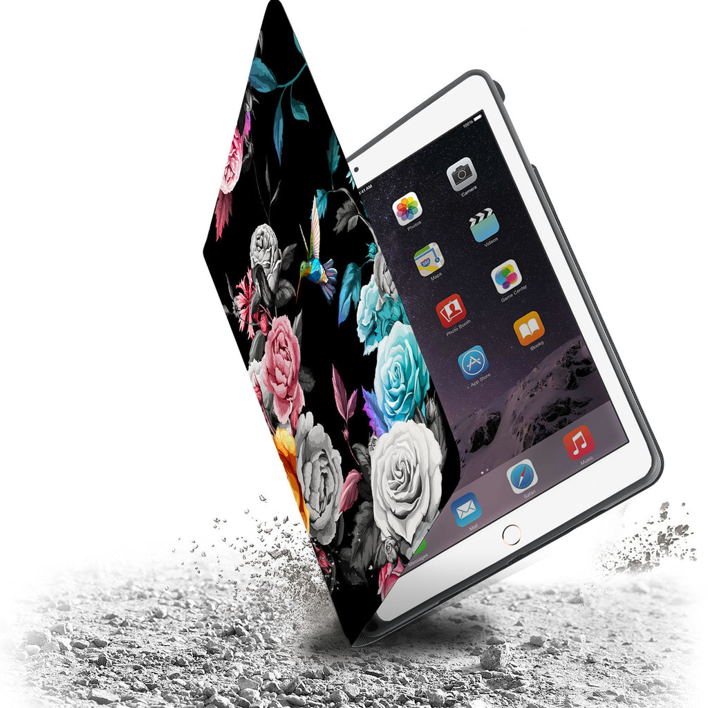 Drop protection from the personalized iPad folio case with Black Flower design