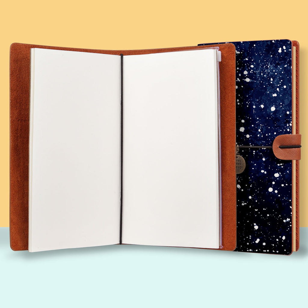 the front top view of midori style traveler's notebook with Galaxy Universe design