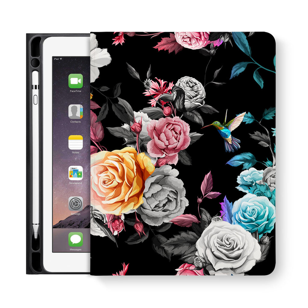 frontview of personalized iPad folio case with Black Flower design