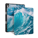 front and back view of personalized iPad case with pencil holder and Sea Waves design