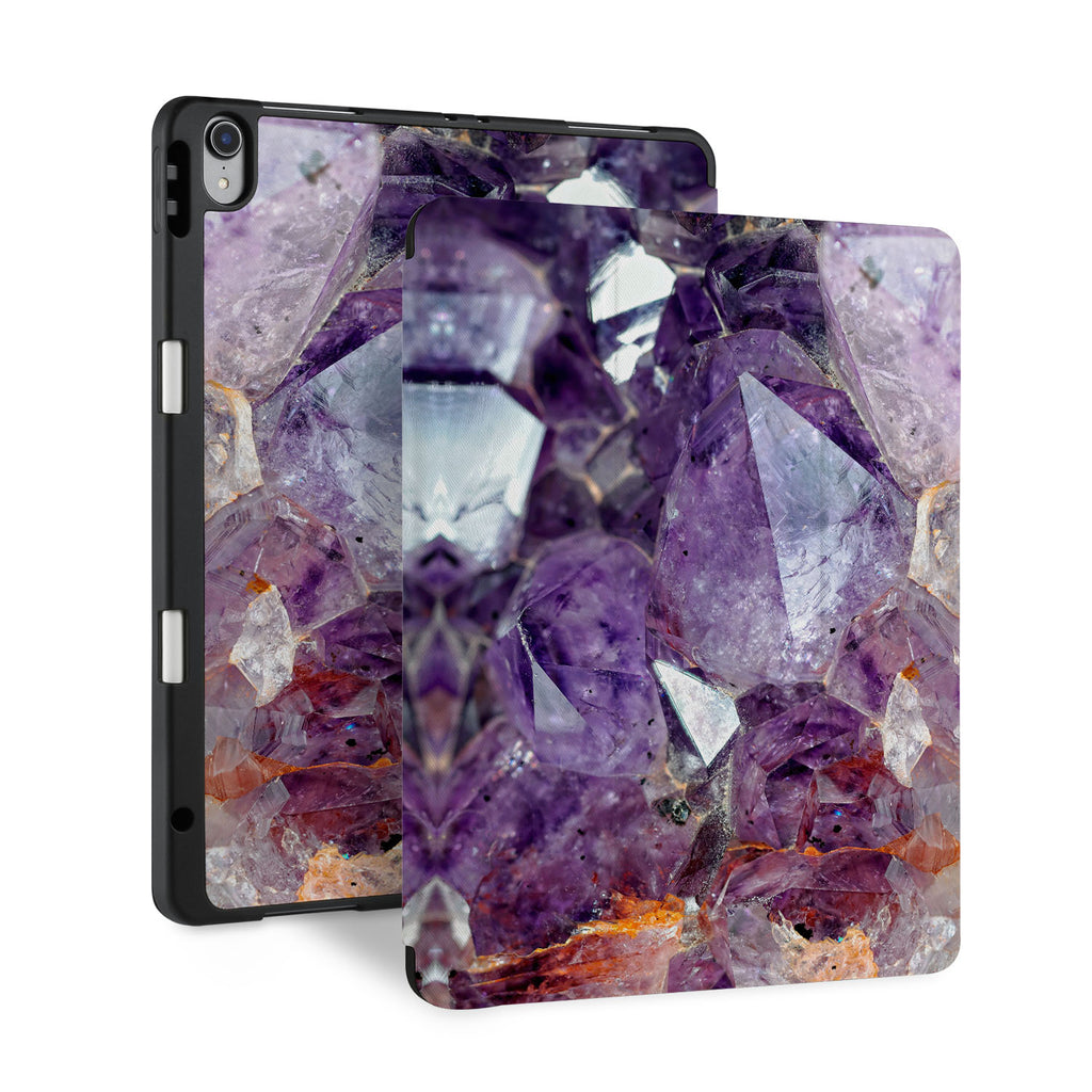front back and stand view of personalized iPad case with pencil holder and Crystal Diamond design - swap