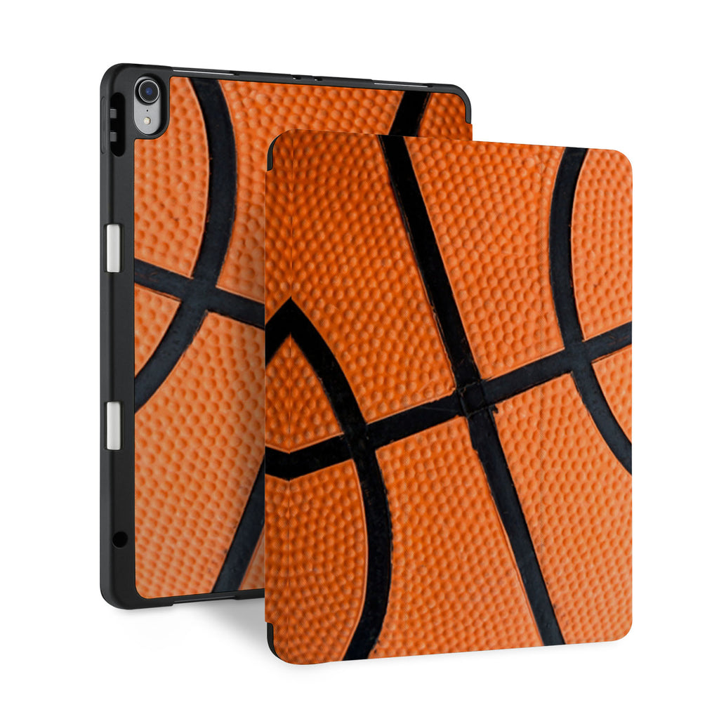 front back and stand view of personalized iPad case with pencil holder and Sport design - swap
