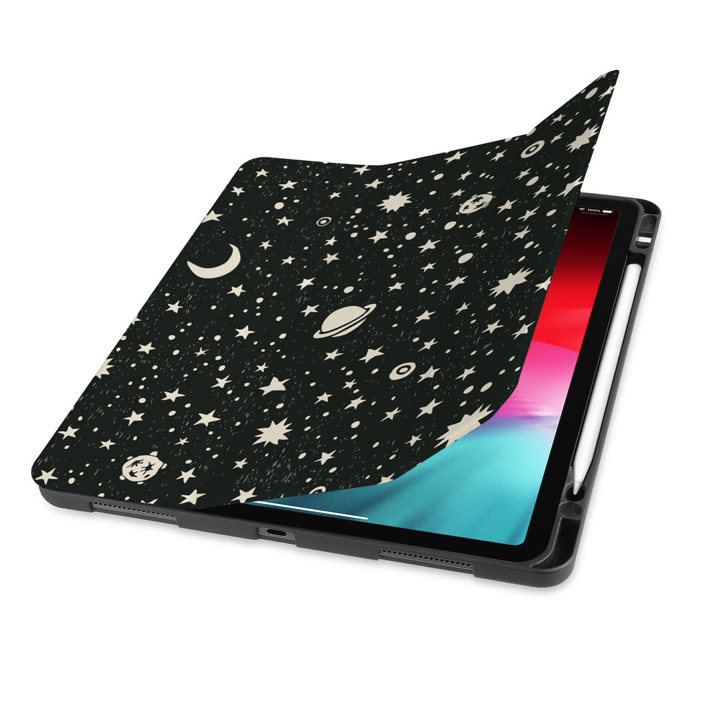 front view of personalized iPad case with pencil holder and Space design