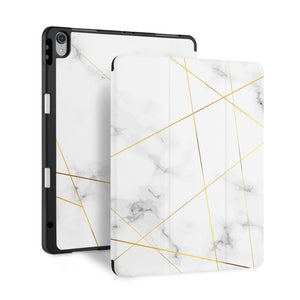 front and back view of personalized iPad case with pencil holder and Marble 2020 design
