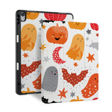front back and stand view of personalized iPad case with pencil holder and Halloween design - swap