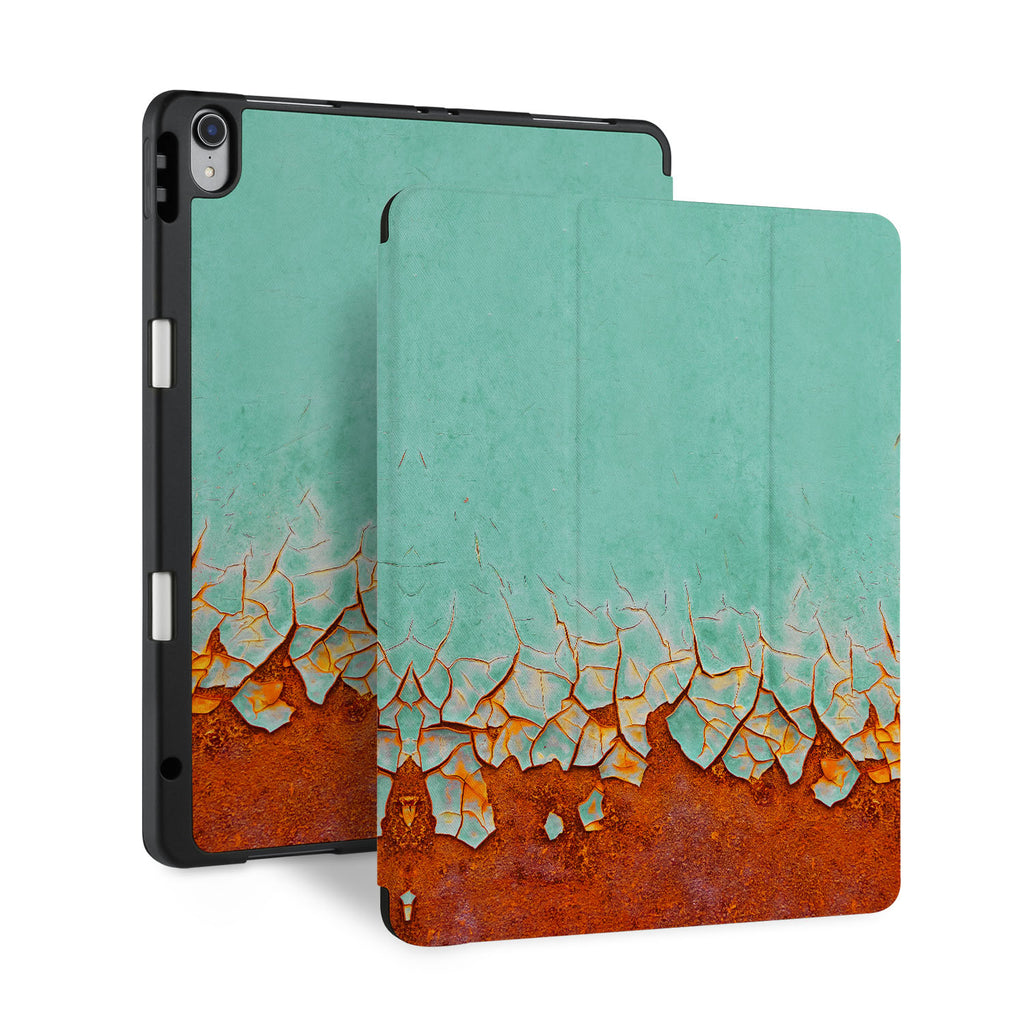 front back and stand view of personalized iPad case with pencil holder and Rusted Metal design - swap