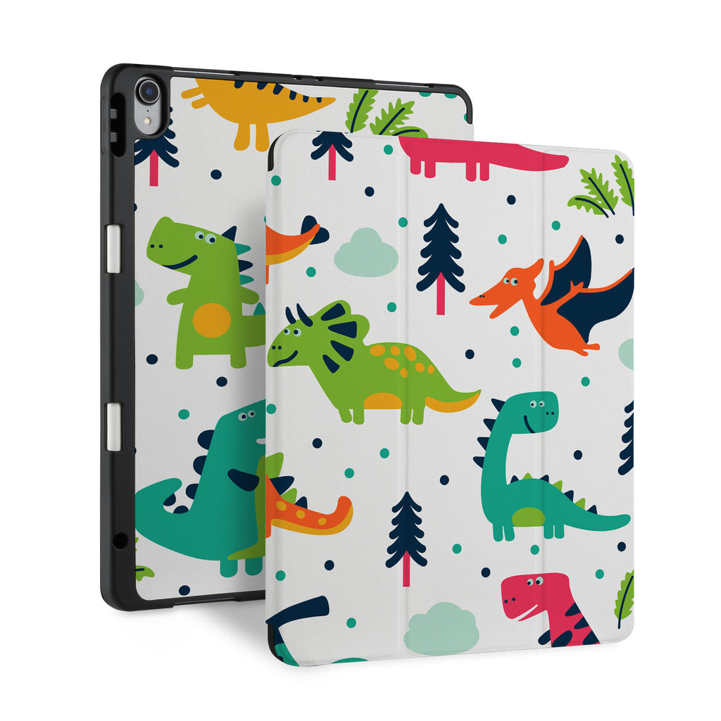 front back and stand view of personalized iPad case with pencil holder and Dinosaur design - swap