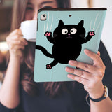 a girl is holding and viewing personalized iPad folio case with Cat Kitty design 