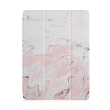 front and back view of personalized iPad case with pencil holder and Pink Marble design