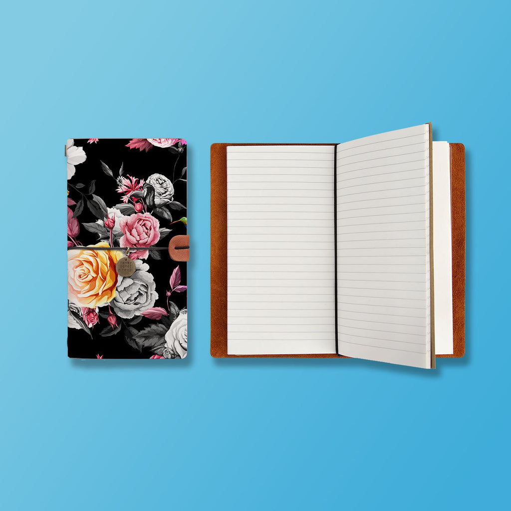 the front top view of midori style traveler's notebook with Black Flower design
