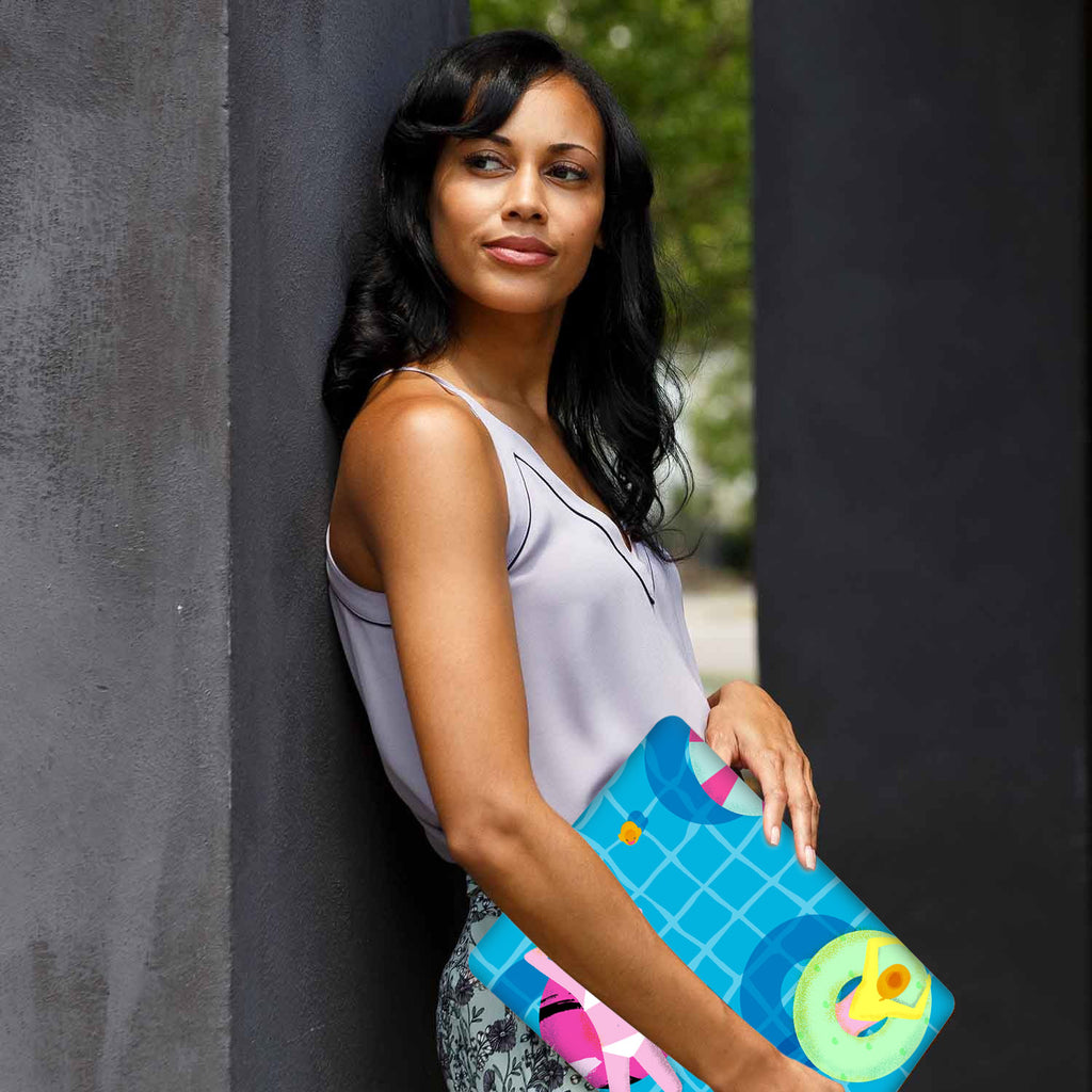 A yong girl holding personalized microsoft surface laptop case with Beach design