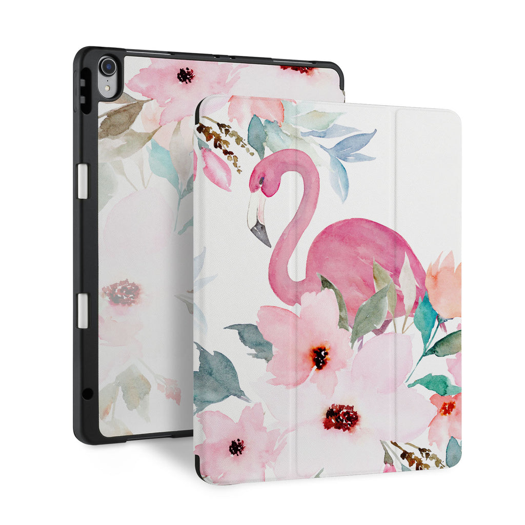 front back and stand view of personalized iPad case with pencil holder and Flamingo design - swap