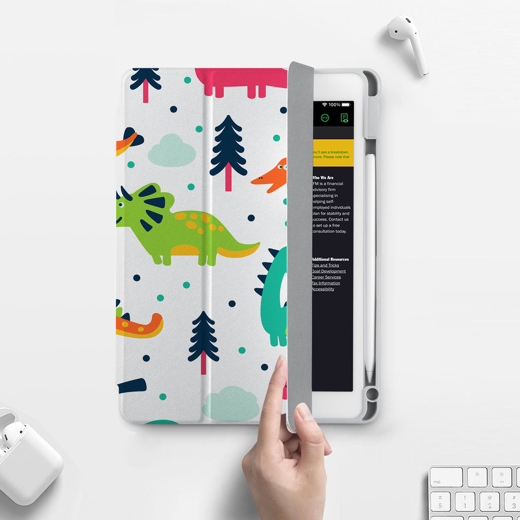 Vista Case iPad Premium Case with Dinosaur Design has built-in magnets are strategically placed to put your tablet to sleep when not in use and wake it up automatically when you need it for an extended battery life.